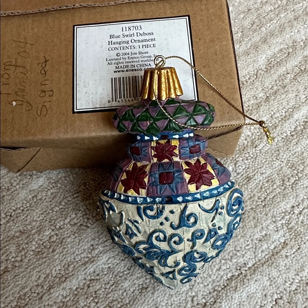 Signed JIM SHORE BLUE SWIRL DEBOSS CHRISTMAS ORNAMENT 118703 RETIRED ENESCO